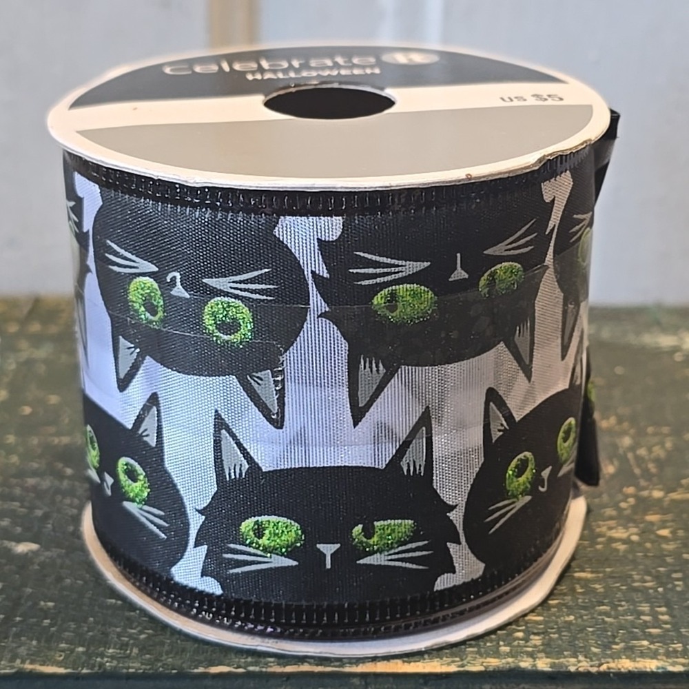 Celebrate It Halloween Wired Ribbon Black Cats Green Glitter Eyes 2.5" NEW
